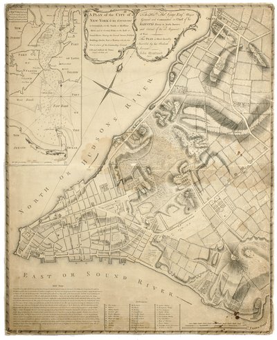 Plan der Stadt New York und ihrer Umgebung bis Greenwich am Nordfluss (Hudson) bis Crown Point am East River, vermessen 1766, 1775 von John Montresor